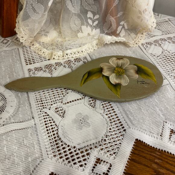 Vintage Hand Painted Oval Vanity Mirror Dogwood Flower Signed Jennie Halley - Picture 7 of 8